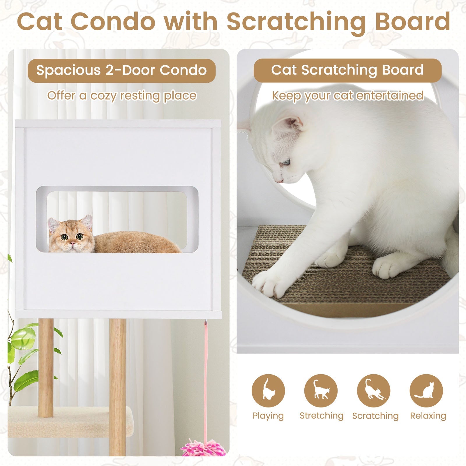 Tall Wood Cat Tower with 2 Corrugated Cardboard-White - Majestic Pet Kingdom