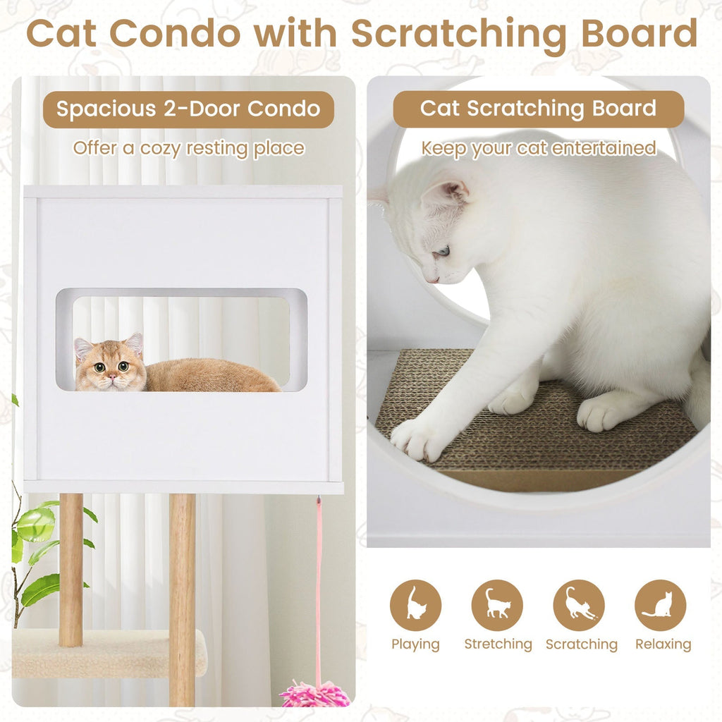 Tall Wood Cat Tower with 2 Corrugated Cardboard-White - Majestic Pet Kingdom