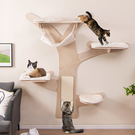 Wall-Mounted Cat Tower with Hammock Platforms and Sisal Scratching Mat-Natural - Majestic Pet Kingdom