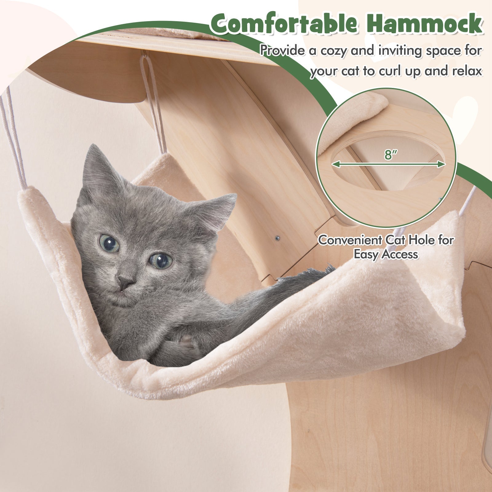 Wall-Mounted Cat Tower with Hammock Platforms and Sisal Scratching Mat-Natural - Majestic Pet Kingdom