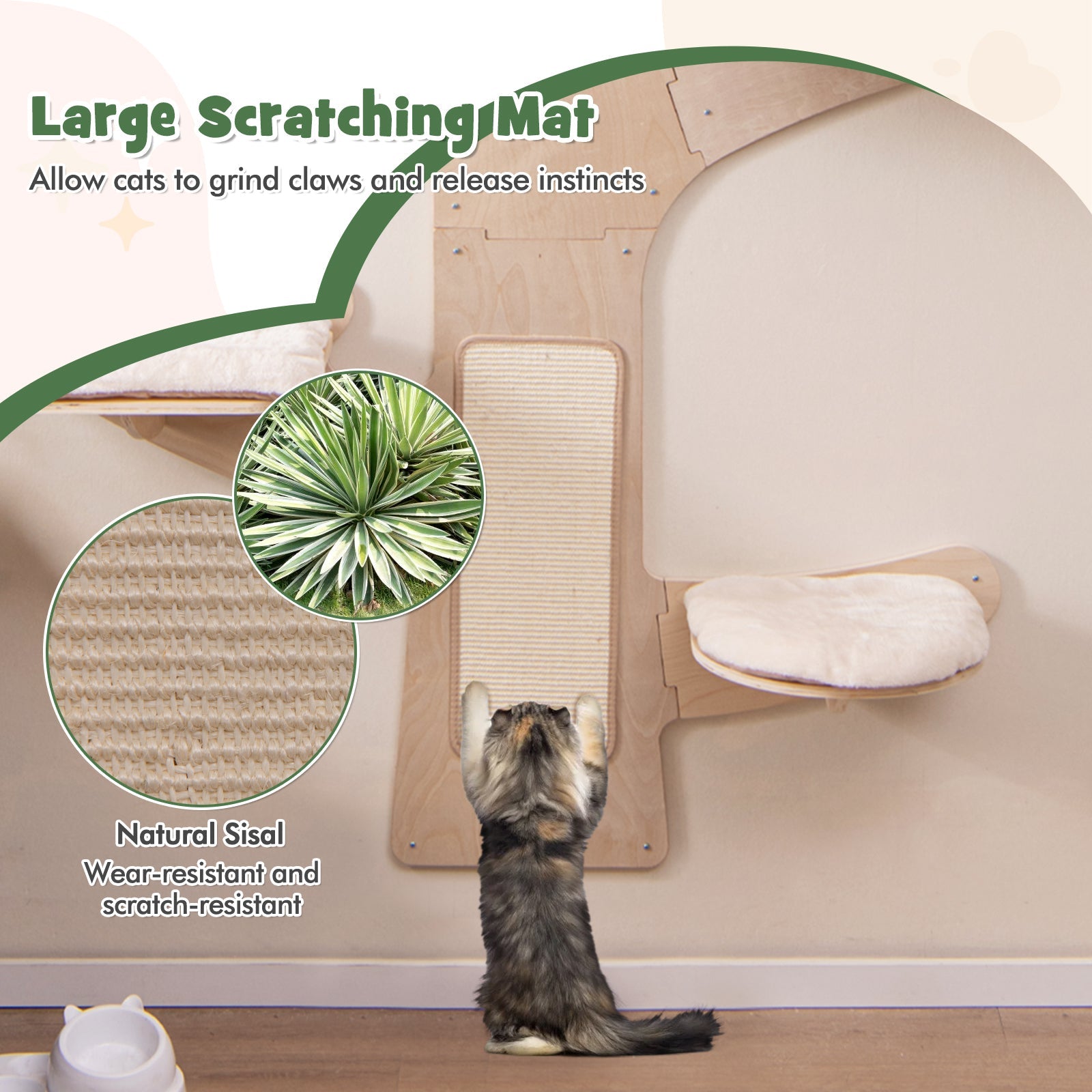 Wall-Mounted Cat Tower with Hammock Platforms and Sisal Scratching Mat-Natural - Majestic Pet Kingdom
