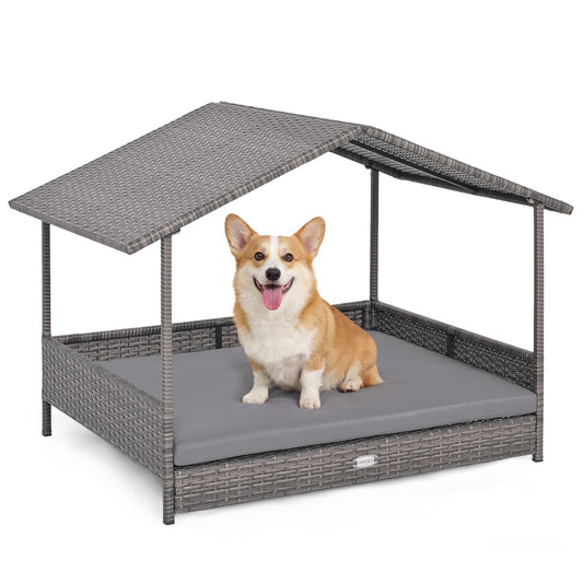 Wicker Dog House Elevated PE Rattan Dog Bed with Canopy | Purrfect Pet Kingdom