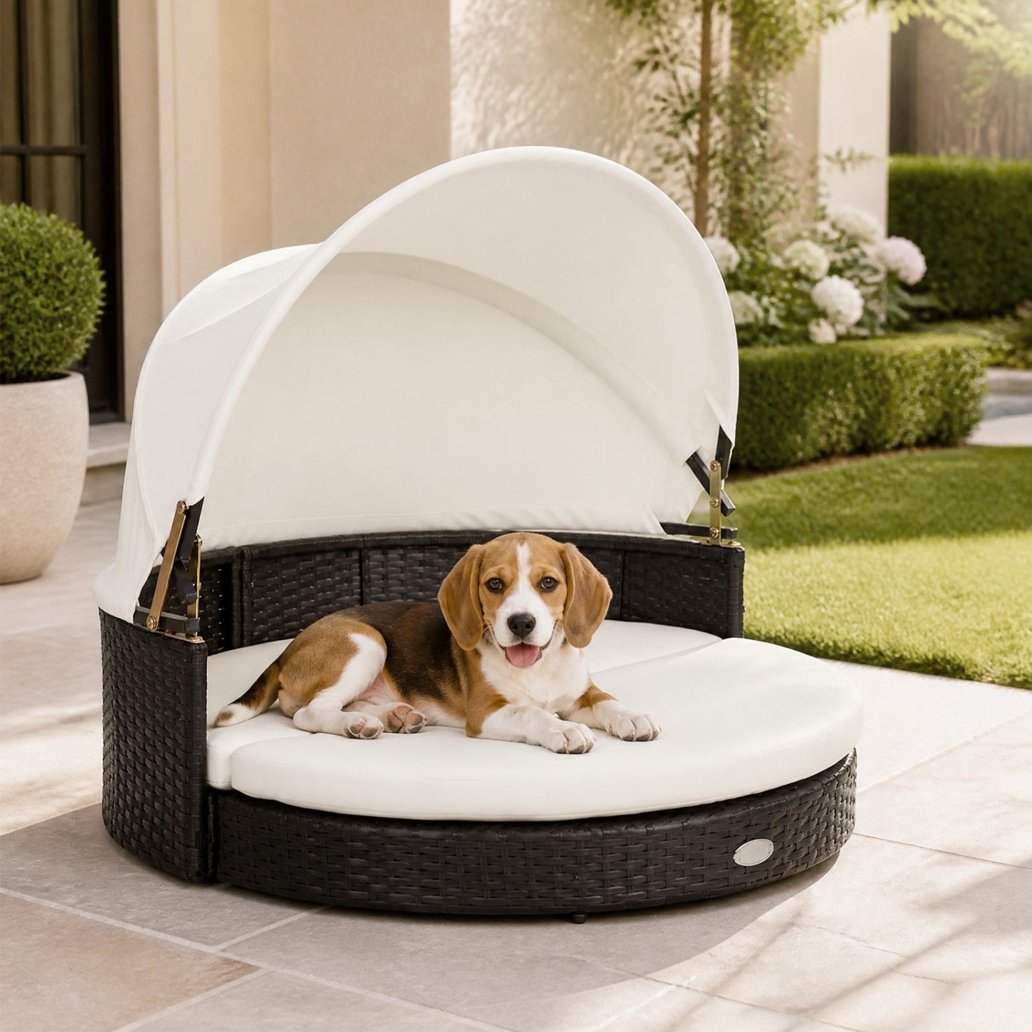 Dog House PE Rattan Wicker Kennel with Retractable Sun Canop