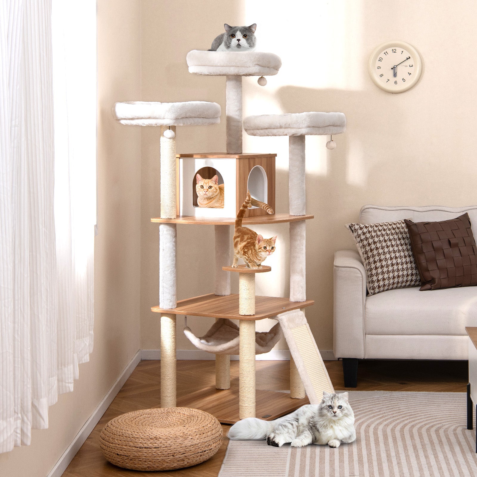 68 Inch Tall Cat Tree with 3 Padded Perches Condo and Sisal Scratching Posts-Natural - Majestic Pet Kingdom