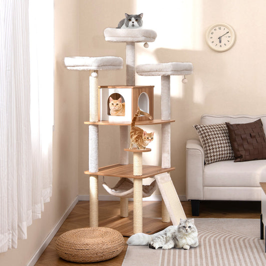 68 Inch Tall Cat Tree with 3 Padded Perches Condo and Sisal Scratching Posts-Natural - Majestic Pet Kingdom