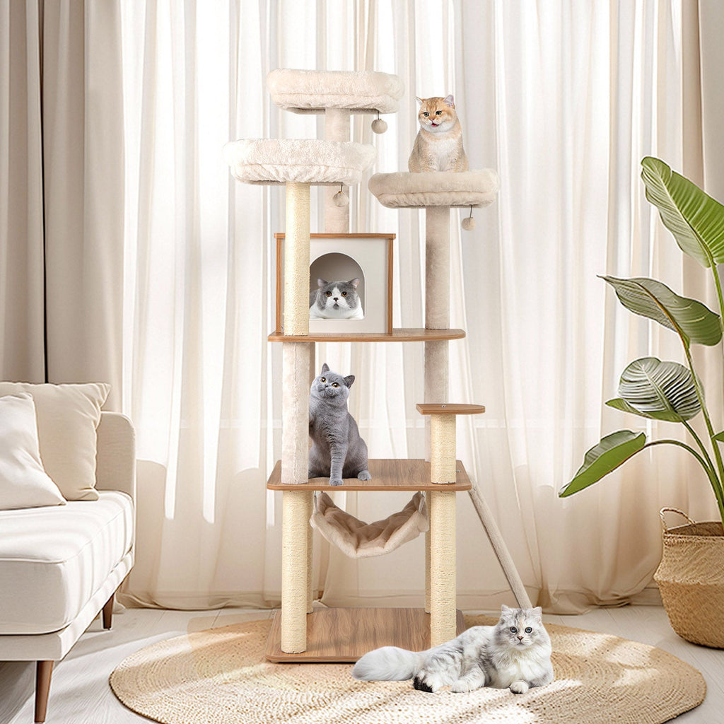 68 Inch Tall Cat Tree with 3 Padded Perches Condo and Sisal Scratching Posts-Natural - Majestic Pet Kingdom
