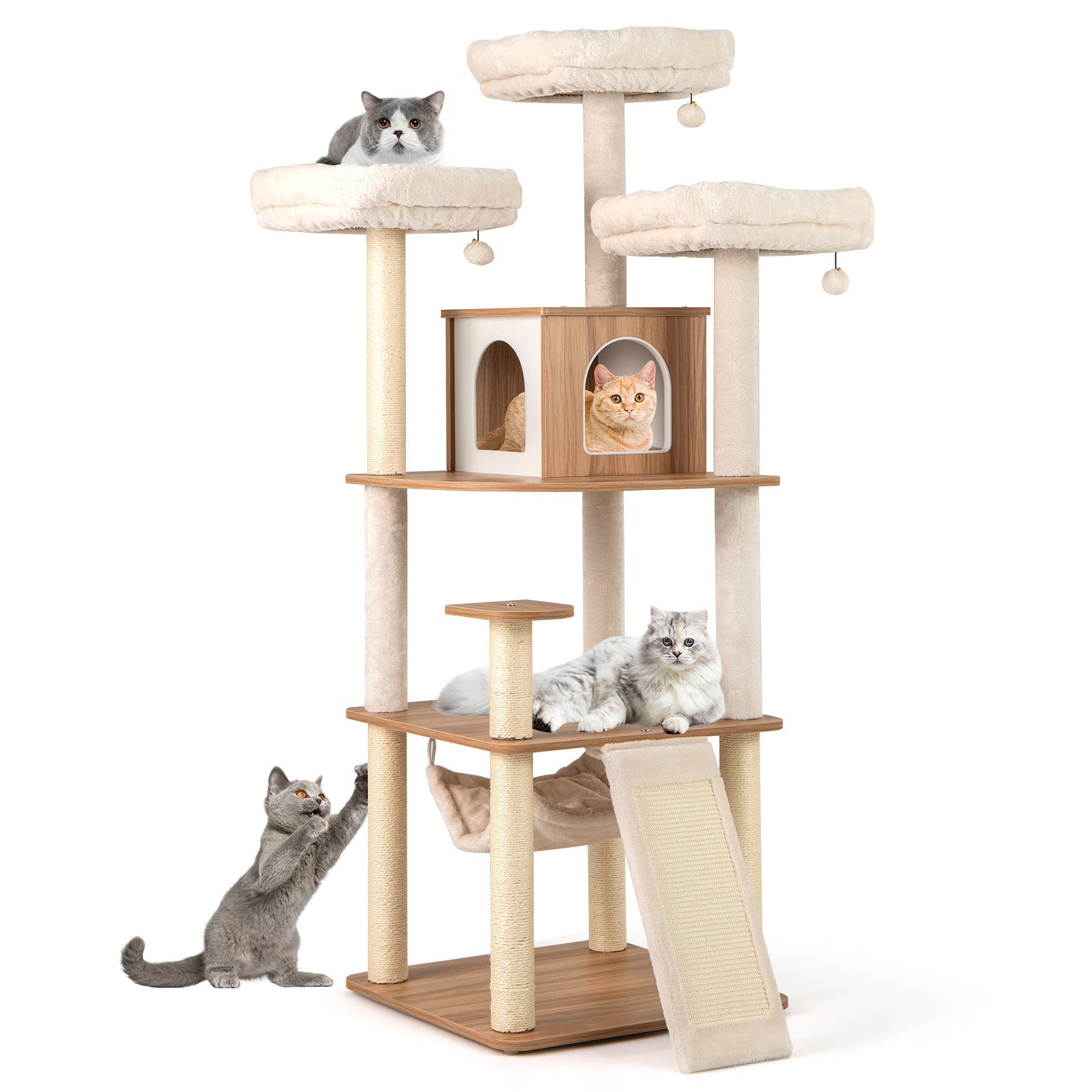 68 Inch Tall Cat Tree with 3 Padded Perches Condo and Sisal Scratching Posts-Natural - Majestic Pet Kingdom