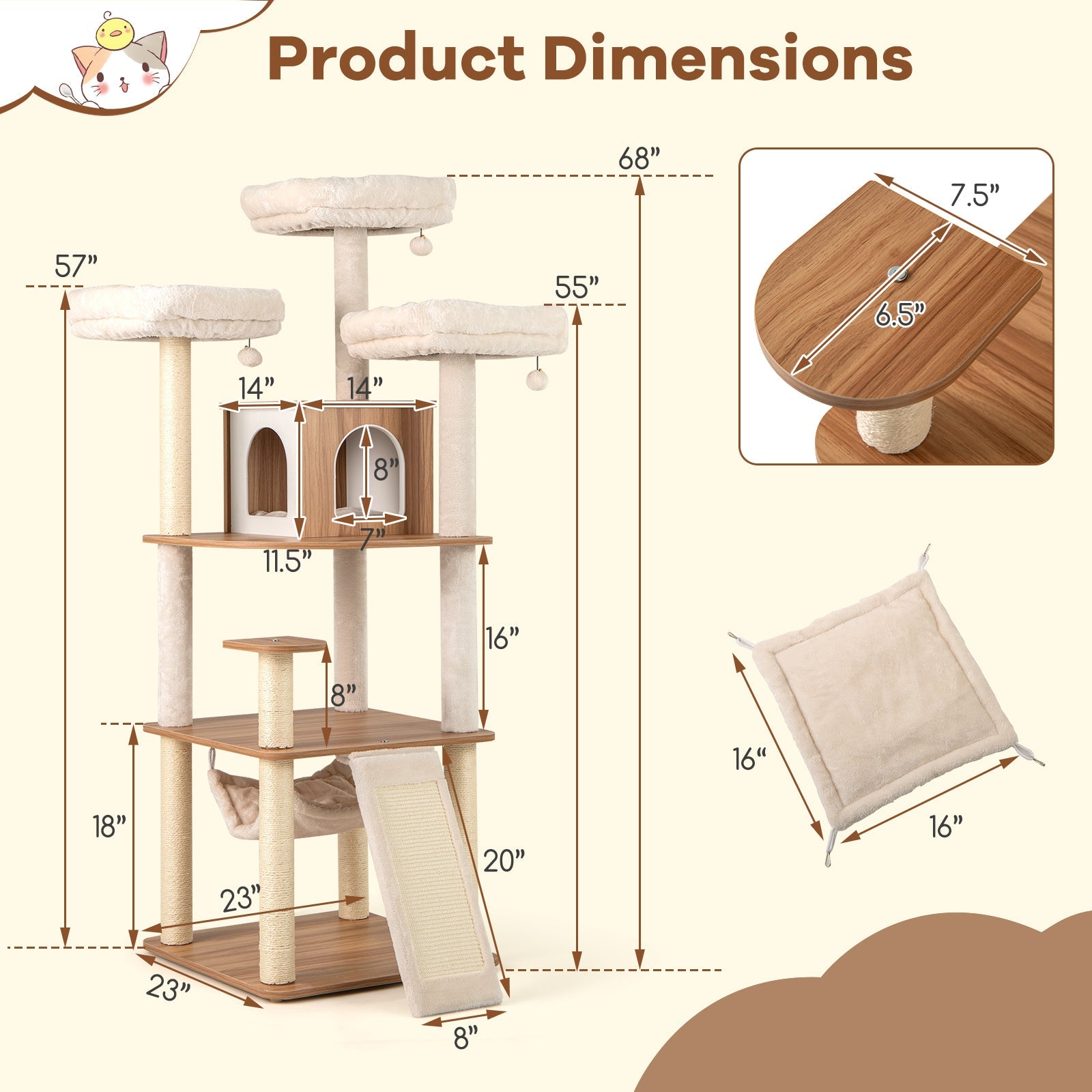 68 Inch Tall Cat Tree with 3 Padded Perches Condo and Sisal Scratching Posts-Natural - Majestic Pet Kingdom