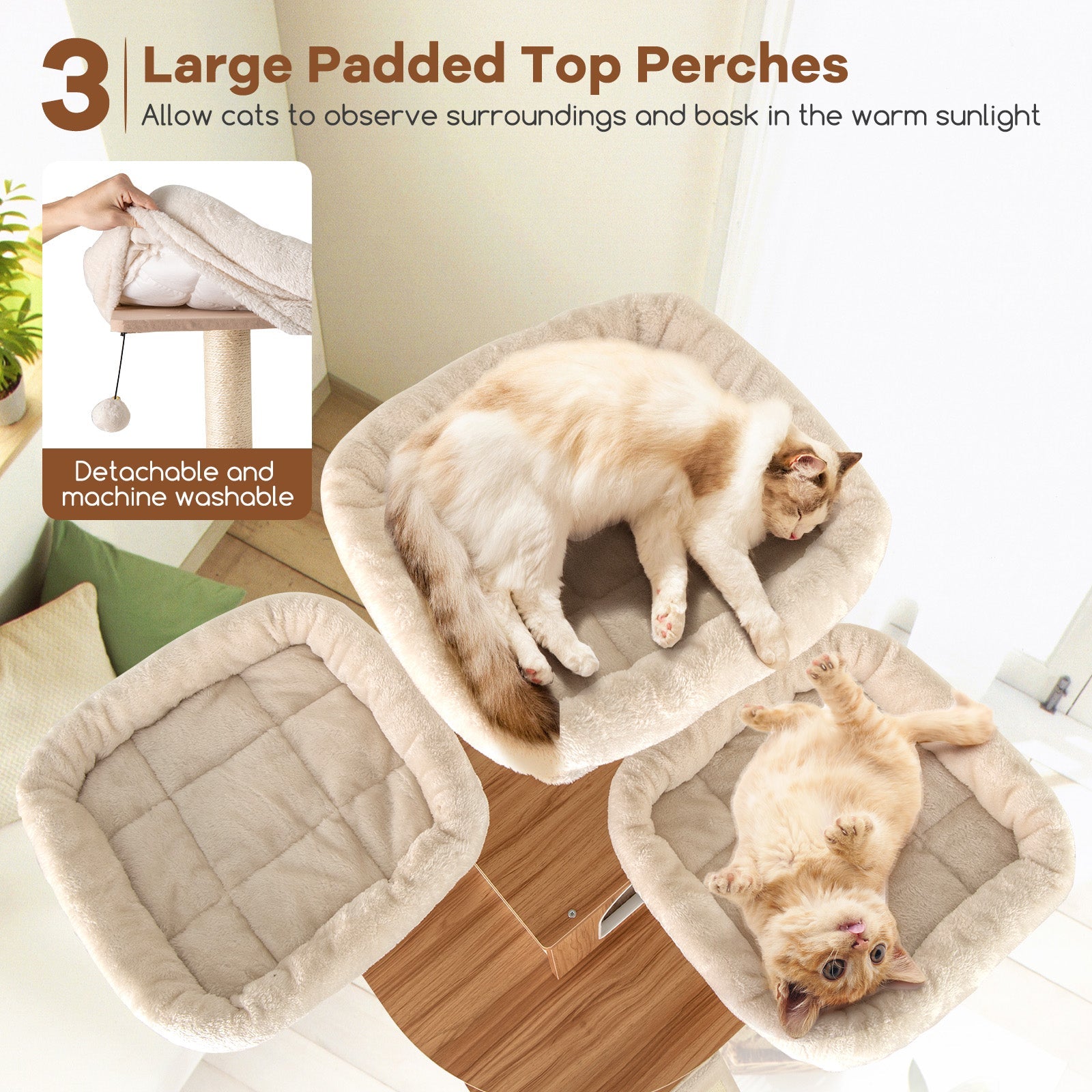 68 Inch Tall Cat Tree with 3 Padded Perches Condo and Sisal Scratching Posts-Natural - Majestic Pet Kingdom