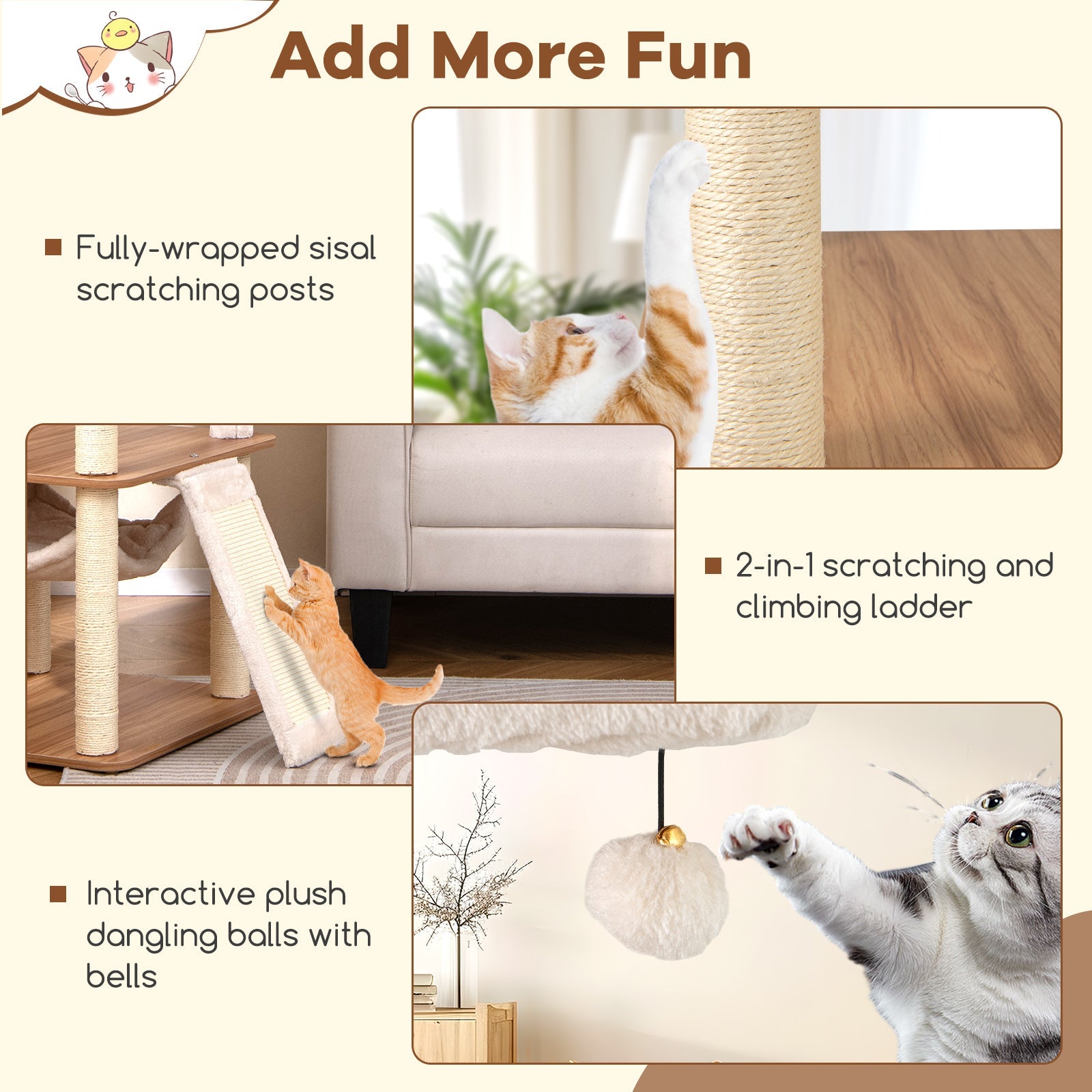 68 Inch Tall Cat Tree with 3 Padded Perches Condo and Sisal Scratching Posts-Natural - Majestic Pet Kingdom