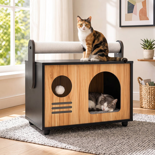 Wooden Cat House with Scratching Post and Cushion | Purrfect Pet Kingdom