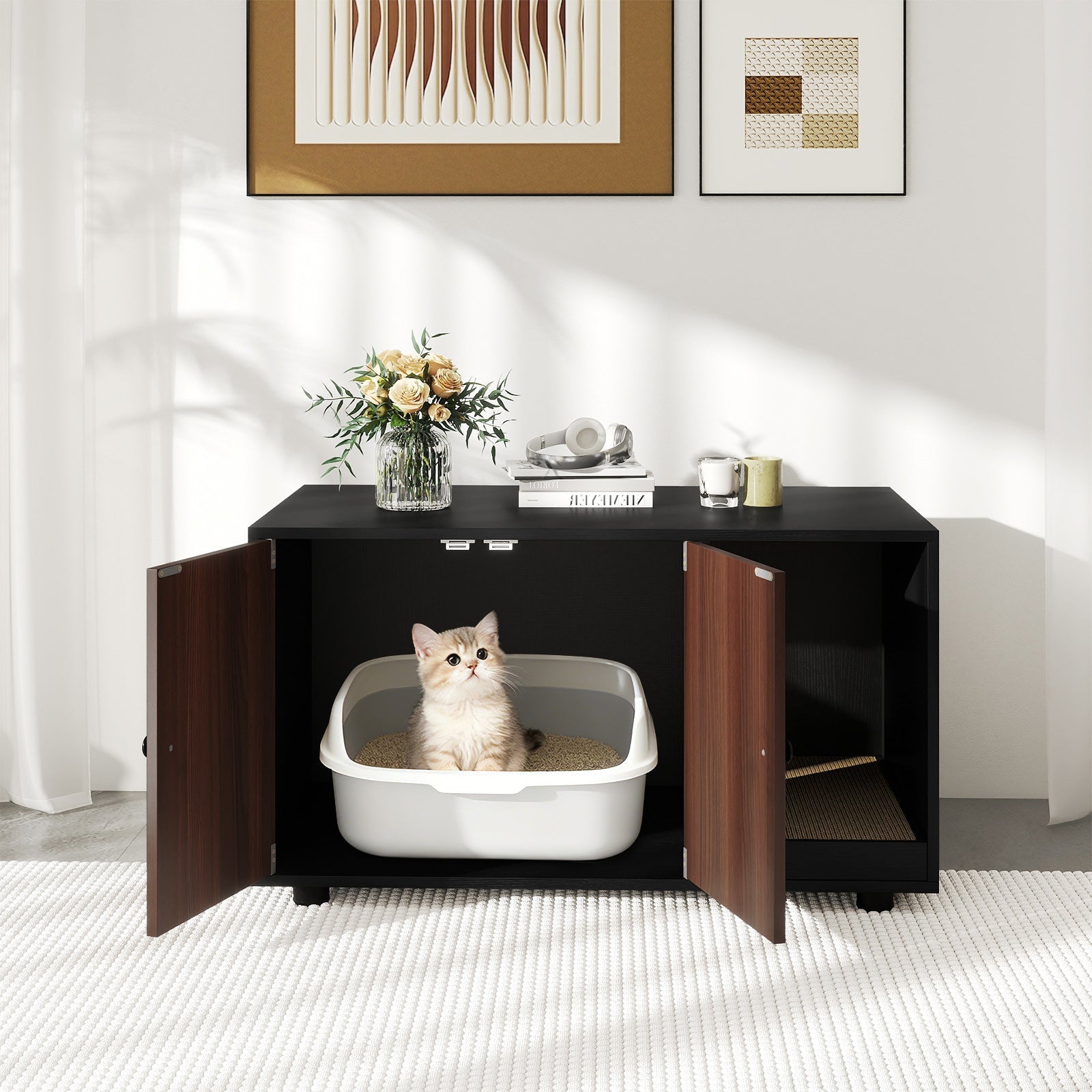 Wooden Cat Litter Box Enclosure Hidden Litter Box Furniture with Scratching Board | Purrfect Pet Kingdom