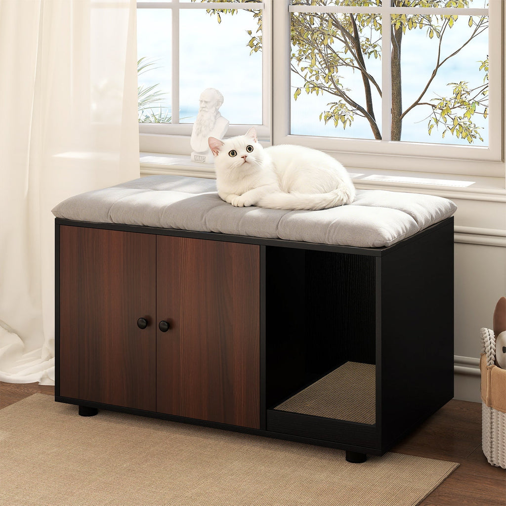 Wooden Cat Litter Box Enclosure Hidden Litter Box Furniture with Scratching Board