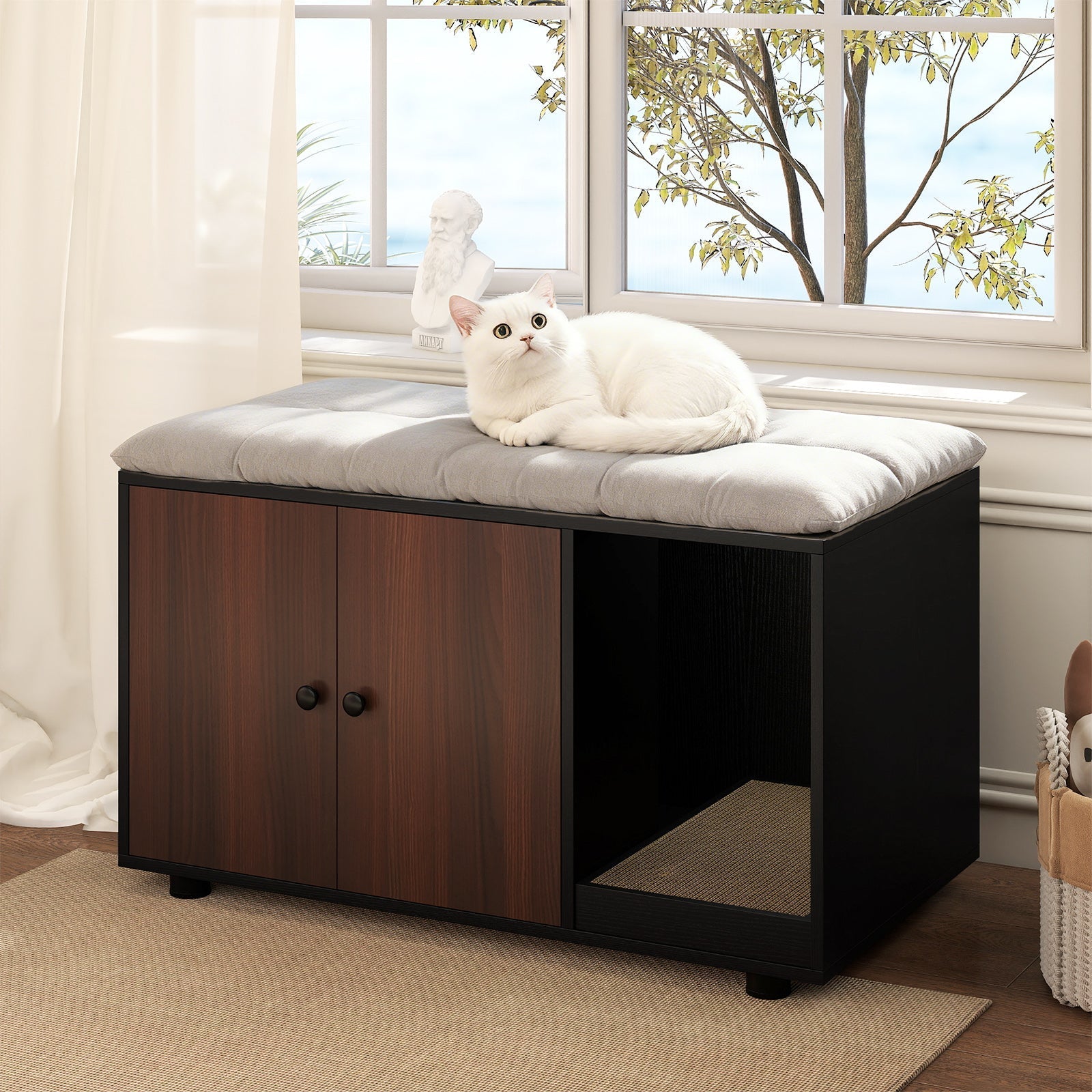 Wooden Cat Litter Box Enclosure Hidden Litter Box Furniture with Scratching Board | Purrfect Pet Kingdom