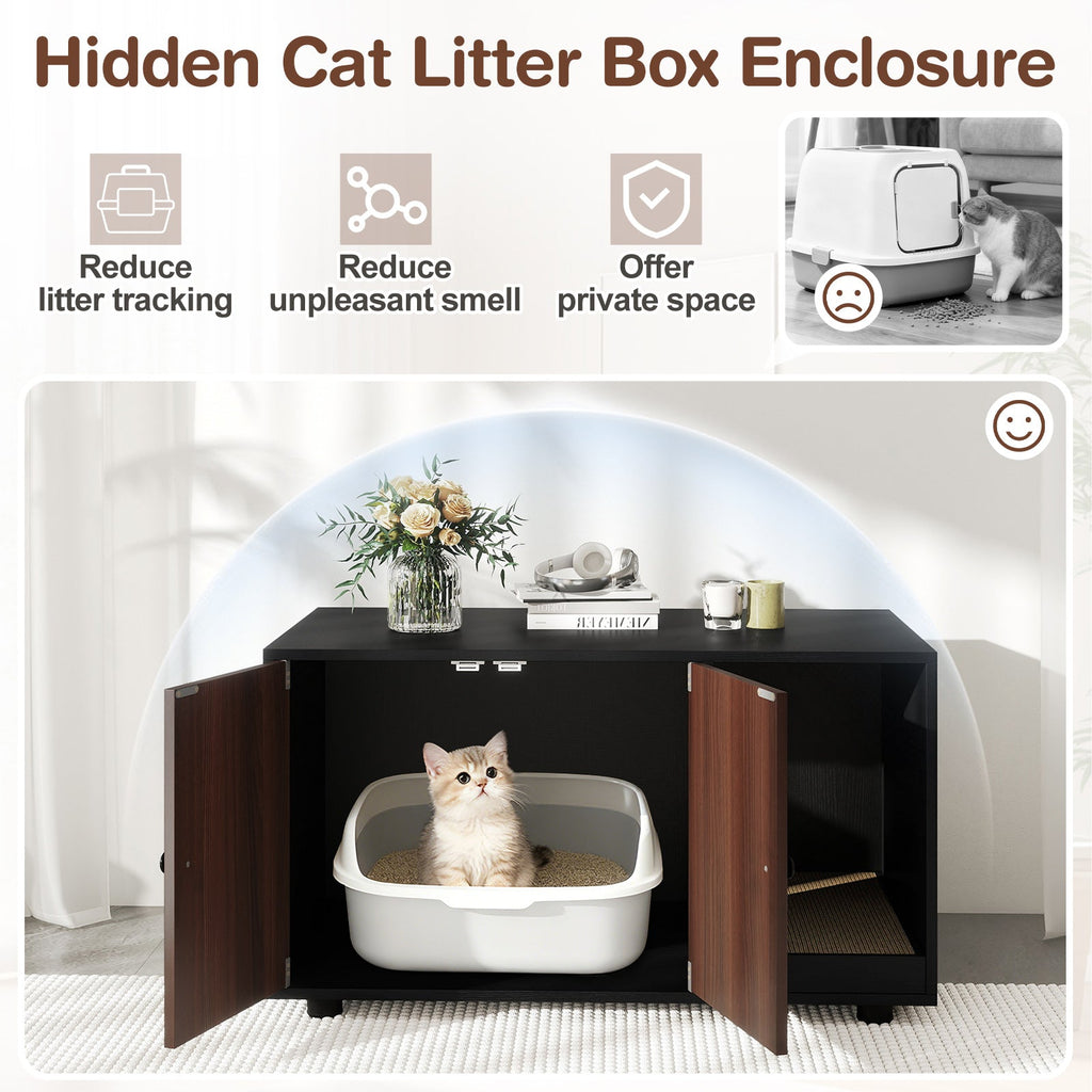 Wooden Cat Litter Box Enclosure Hidden Litter Box Furniture with Scratching Board