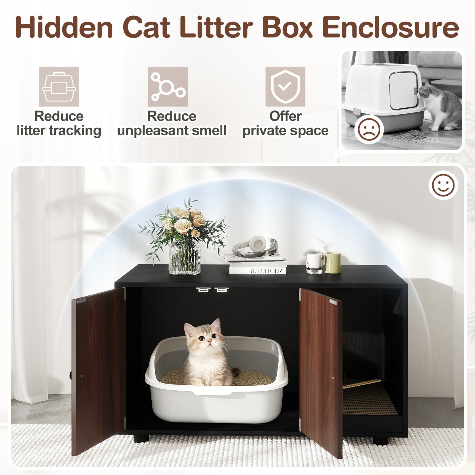 Wooden Cat Litter Box Enclosure Hidden Litter Box Furniture with Scratching Board