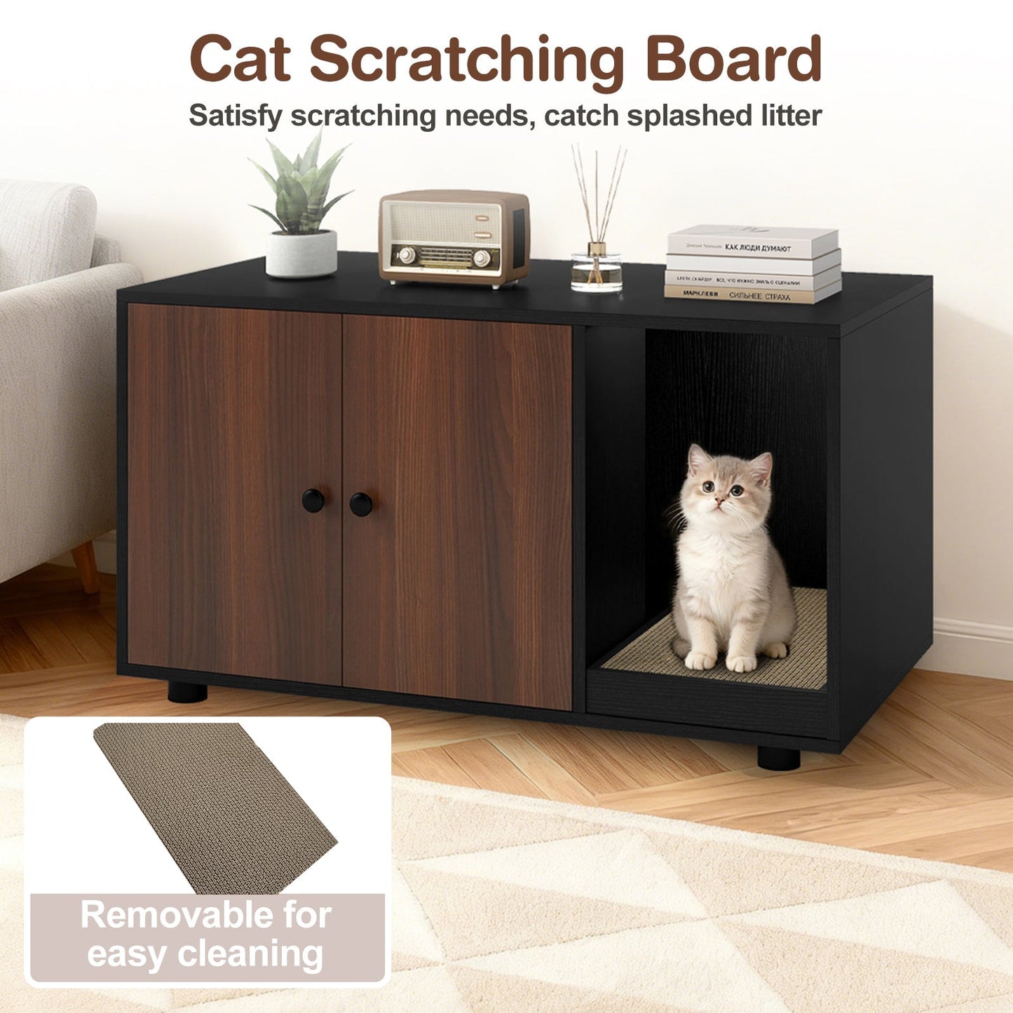 Wooden Cat Litter Box Enclosure Hidden Litter Box Furniture with Scratching Board | Purrfect Pet Kingdom