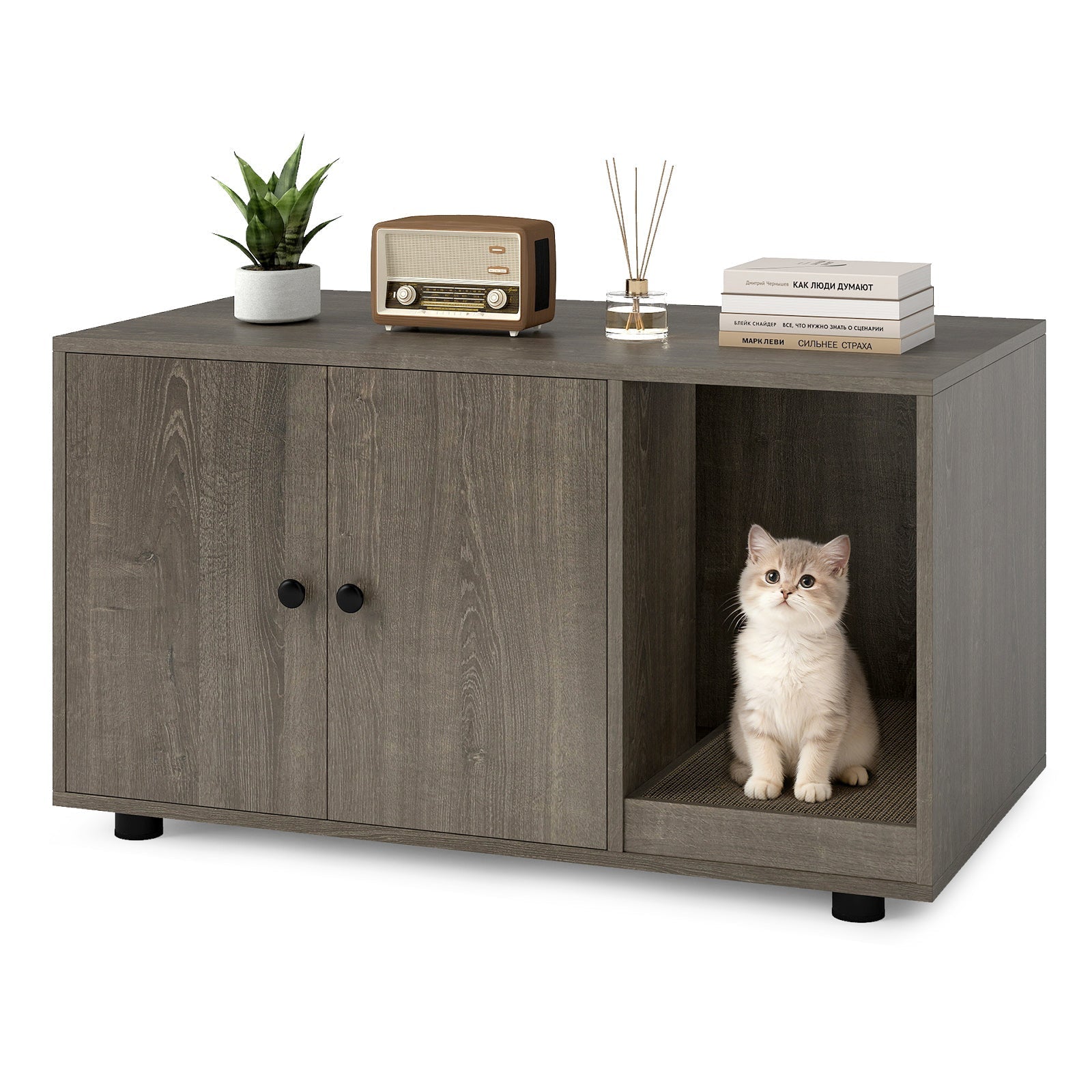Wooden Cat Litter Box Enclosure Hidden Litter Box Furniture with Scratching Board