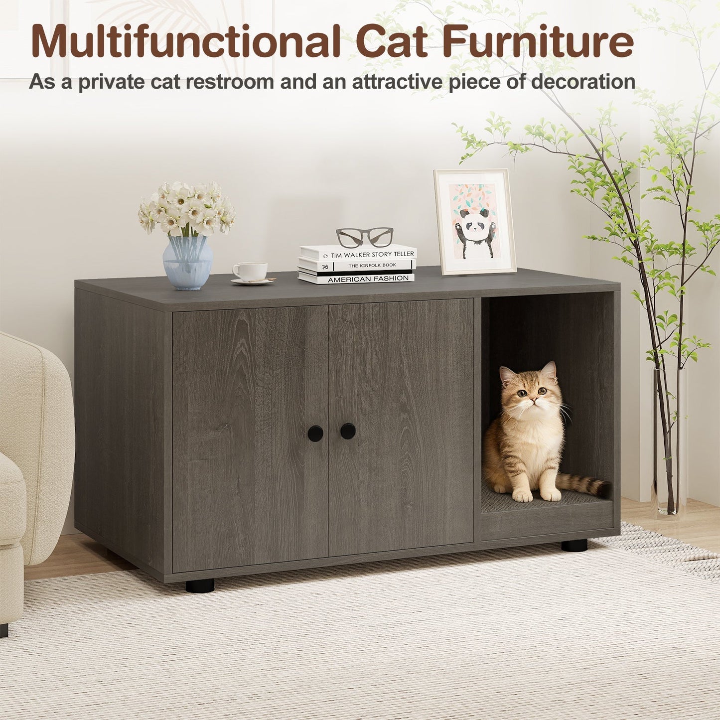 Wooden Cat Litter Box Enclosure Hidden Litter Box Furniture with Scratching Board | Purrfect Pet Kingdom