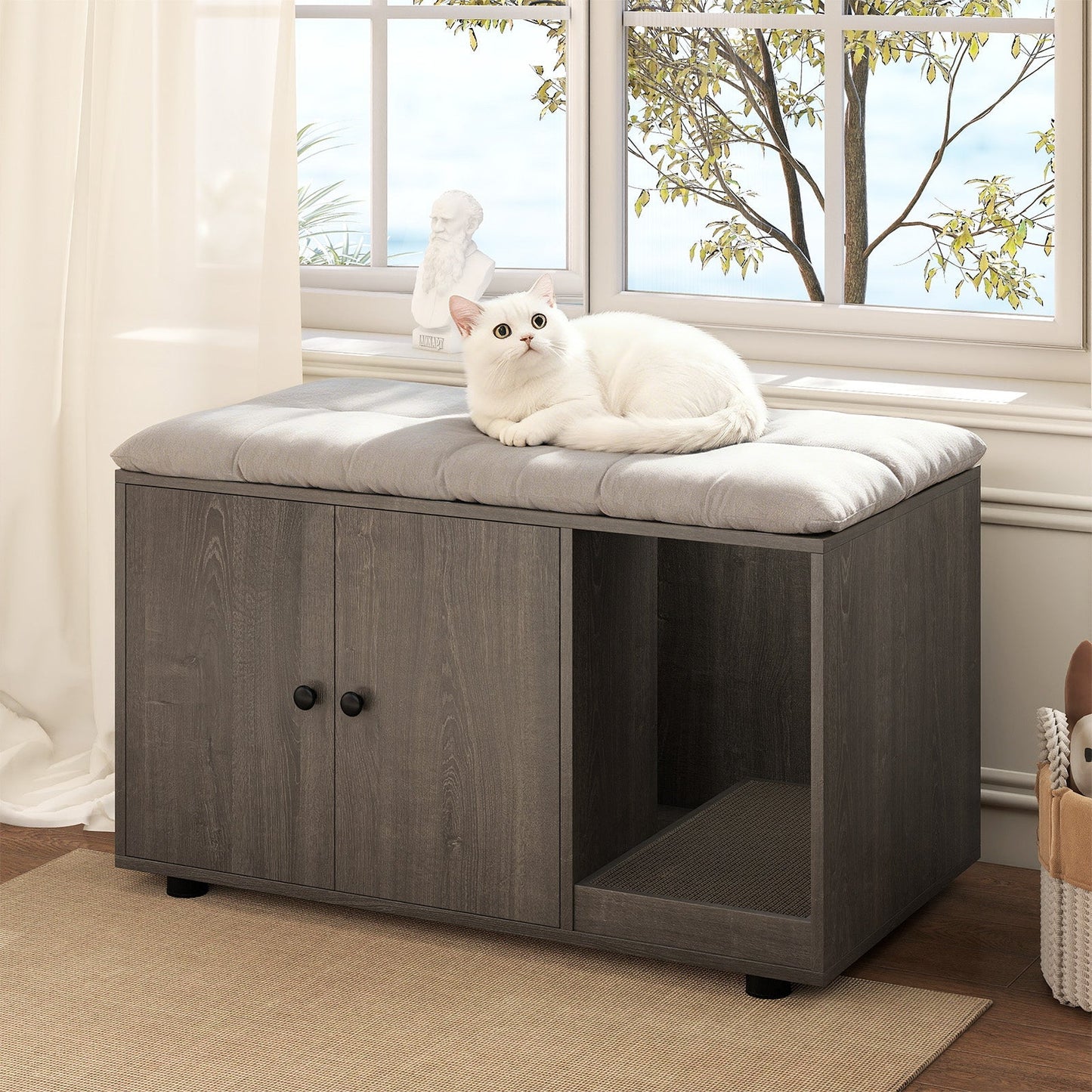 Wooden Cat Litter Box Enclosure Hidden Litter Box Furniture with Scratching Board | Purrfect Pet Kingdom