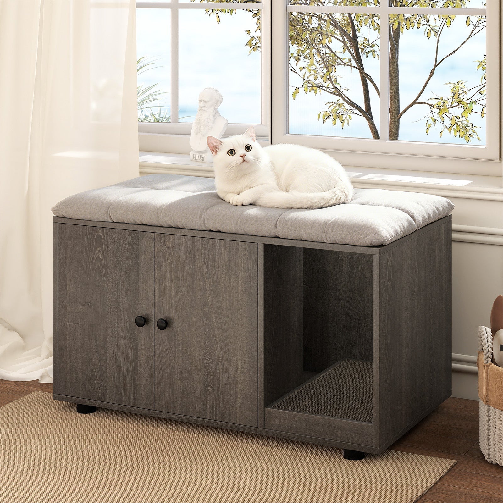 Wooden Cat Litter Box Enclosure Hidden Litter Box Furniture with Scratching Board | Purrfect Pet Kingdom