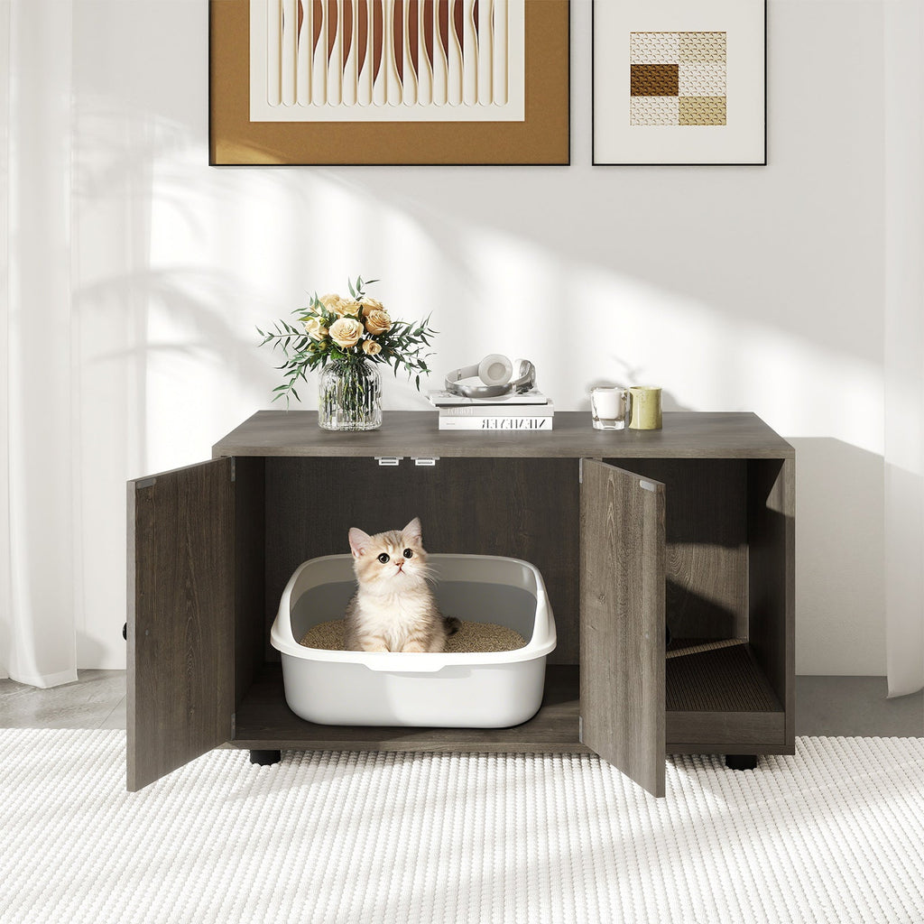 Wooden Cat Litter Box Enclosure Hidden Litter Box Furniture with Scratching Board