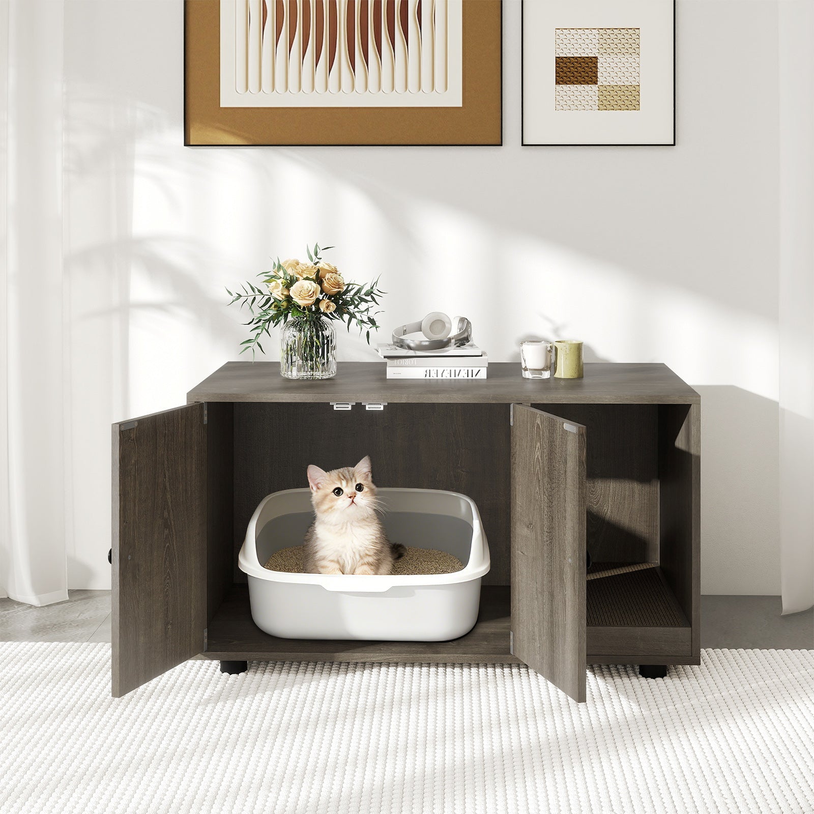 Wooden Cat Litter Box Enclosure Hidden Litter Box Furniture with Scratching Board | Purrfect Pet Kingdom