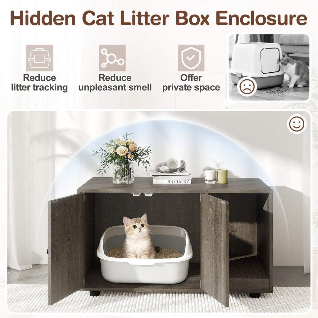 Wooden Cat Litter Box Enclosure Hidden Litter Box Furniture with Scratching Board