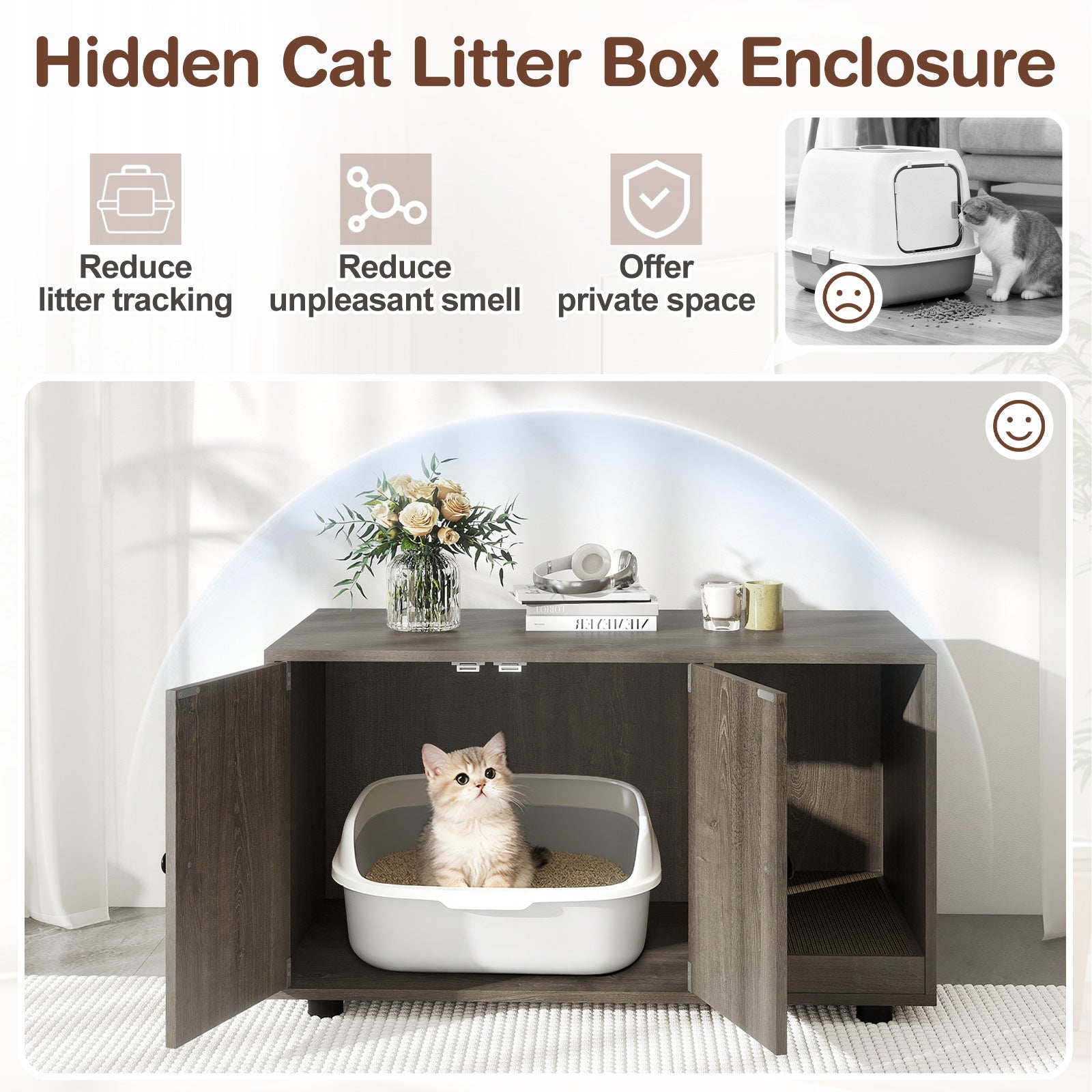 Wooden Cat Litter Box Enclosure Hidden Litter Box Furniture with Scratching Board