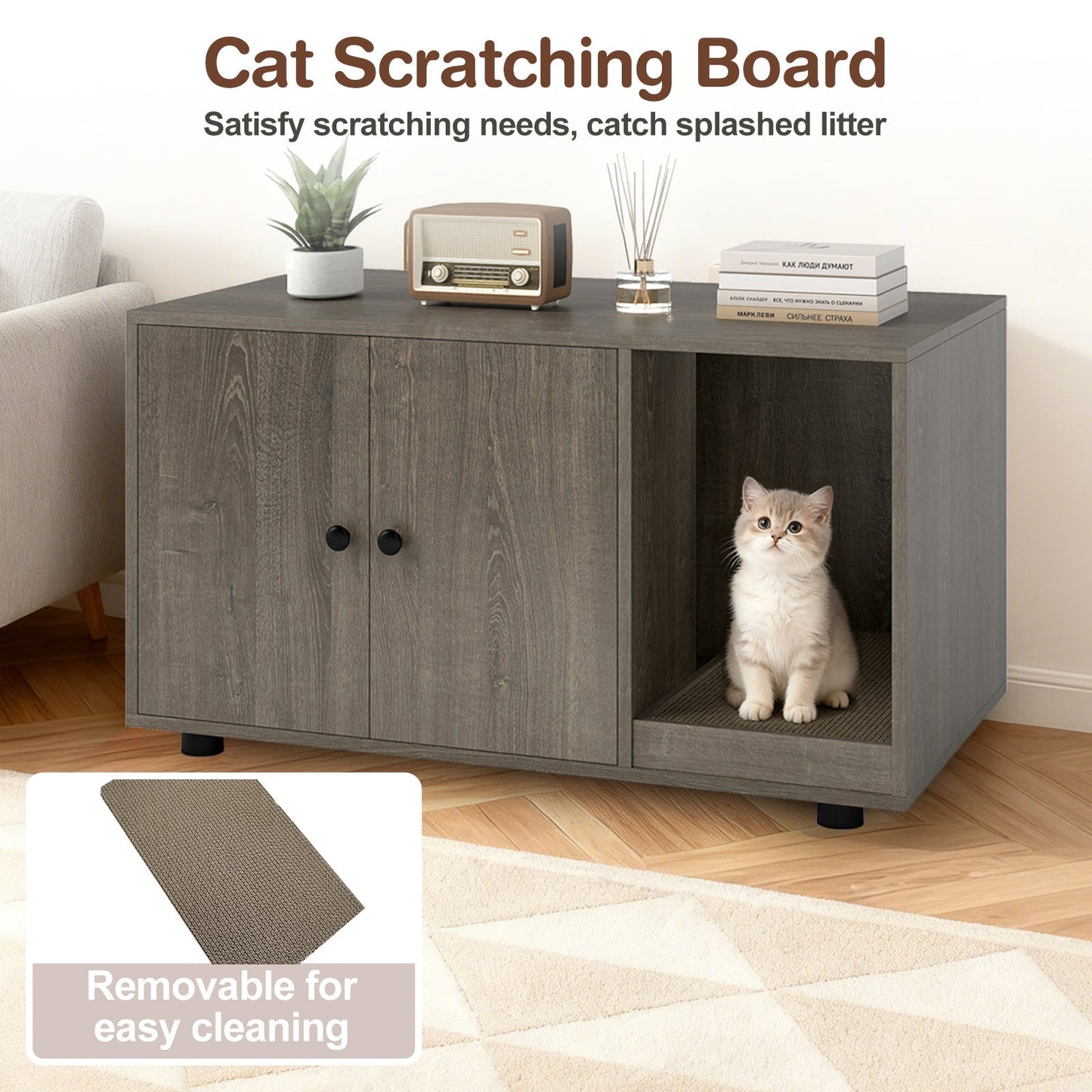 Wooden Cat Litter Box Enclosure Hidden Litter Box Furniture with Scratching Board | Purrfect Pet Kingdom