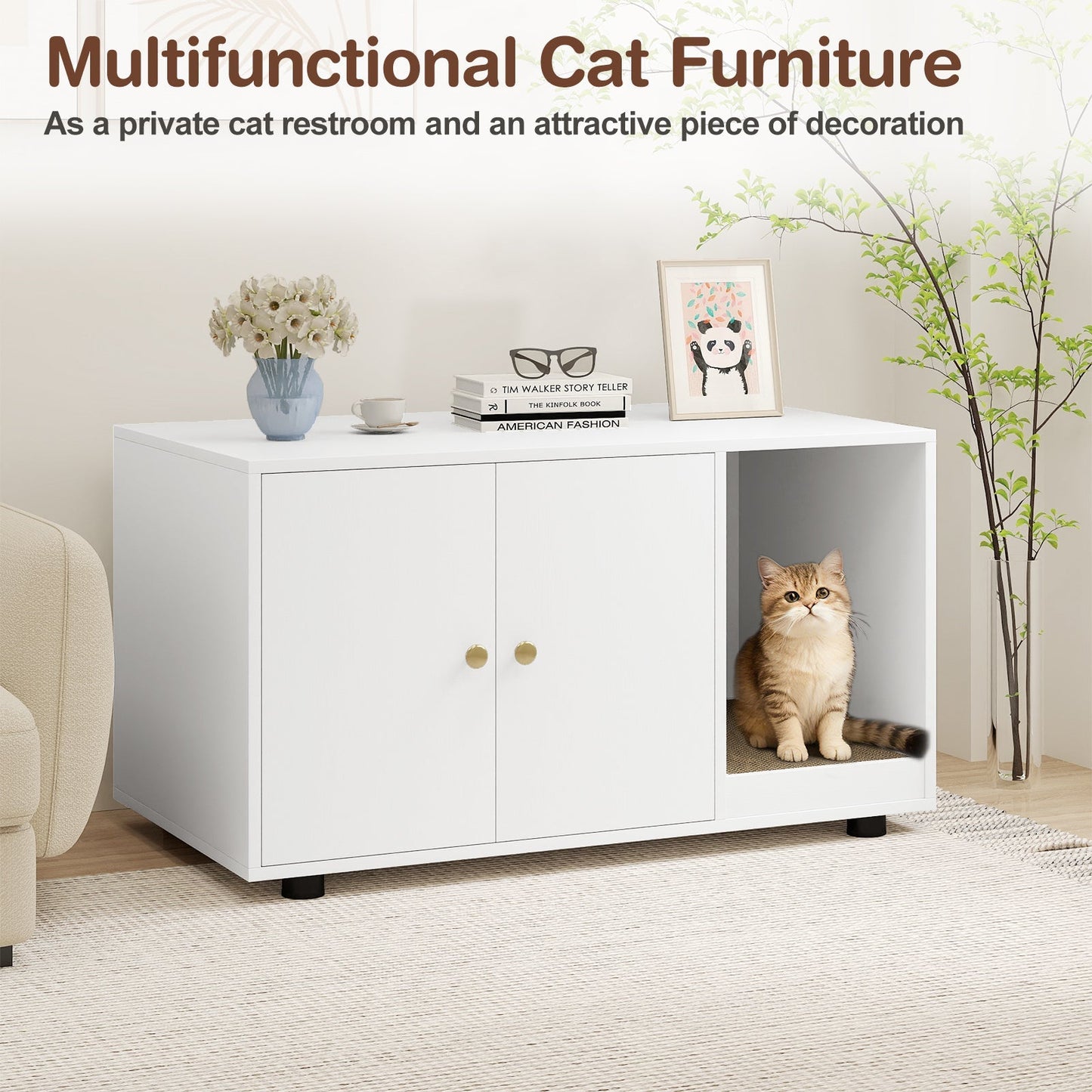 Wooden Cat Litter Box Enclosure Hidden Litter Box Furniture with Scratching Board | Purrfect Pet Kingdom