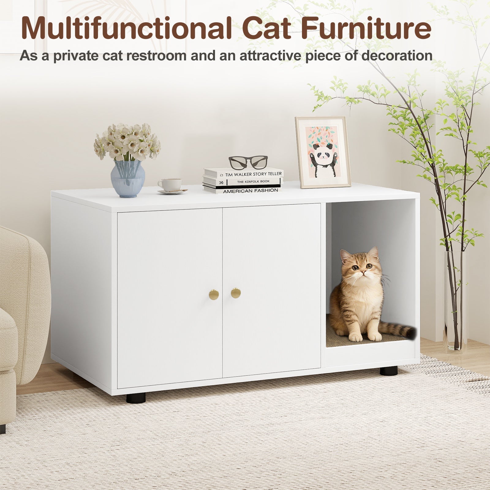 Wooden Cat Litter Box Enclosure Hidden Litter Box Furniture with Scratching Board | Purrfect Pet Kingdom