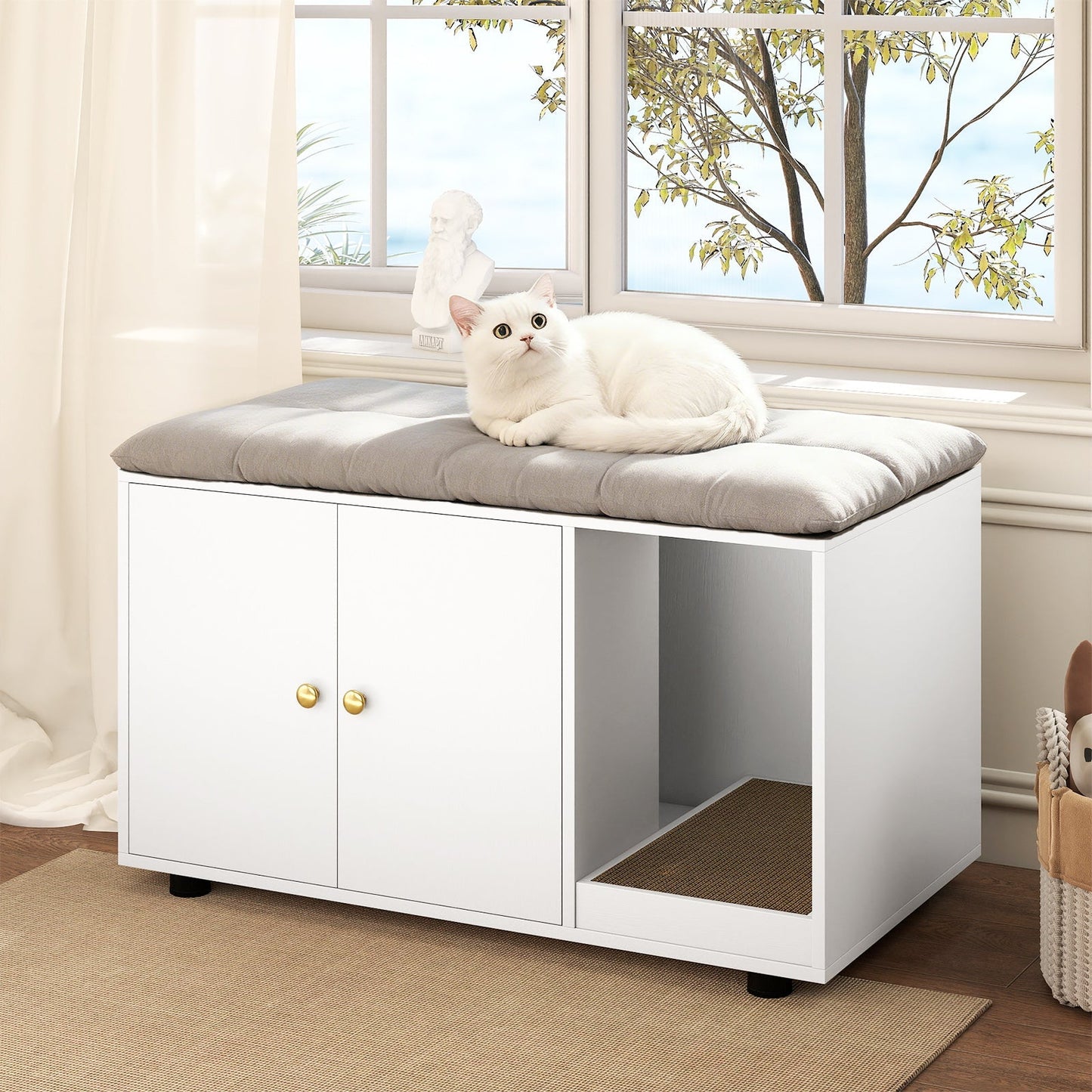 Wooden Cat Litter Box Enclosure Hidden Litter Box Furniture with Scratching Board | Purrfect Pet Kingdom