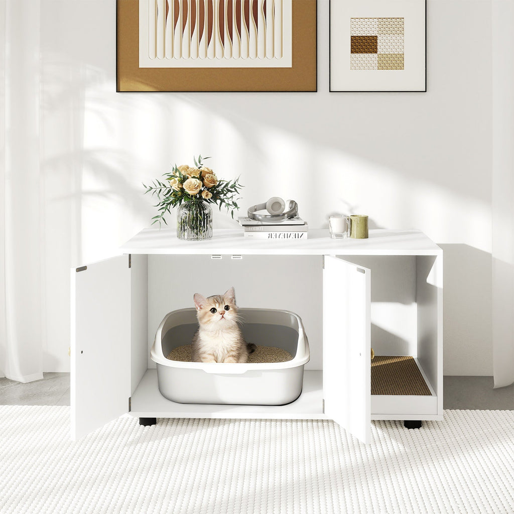 Wooden Cat Litter Box Enclosure Hidden Litter Box Furniture with Scratching Board