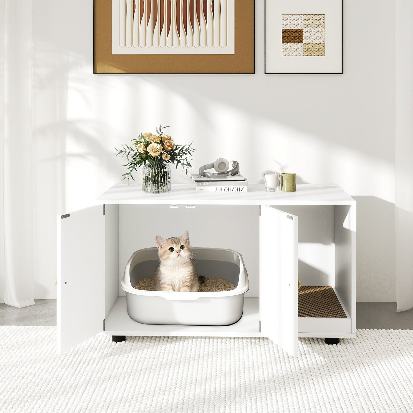 Wooden Cat Litter Box Enclosure Hidden Litter Box Furniture with Scratching Board | Purrfect Pet Kingdom