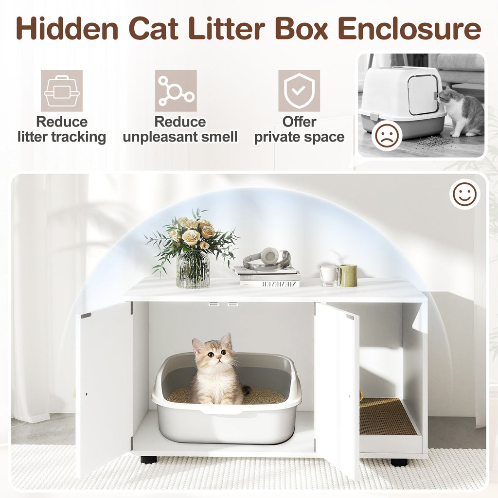 Wooden Cat Litter Box Enclosure Hidden Litter Box Furniture with Scratching Board