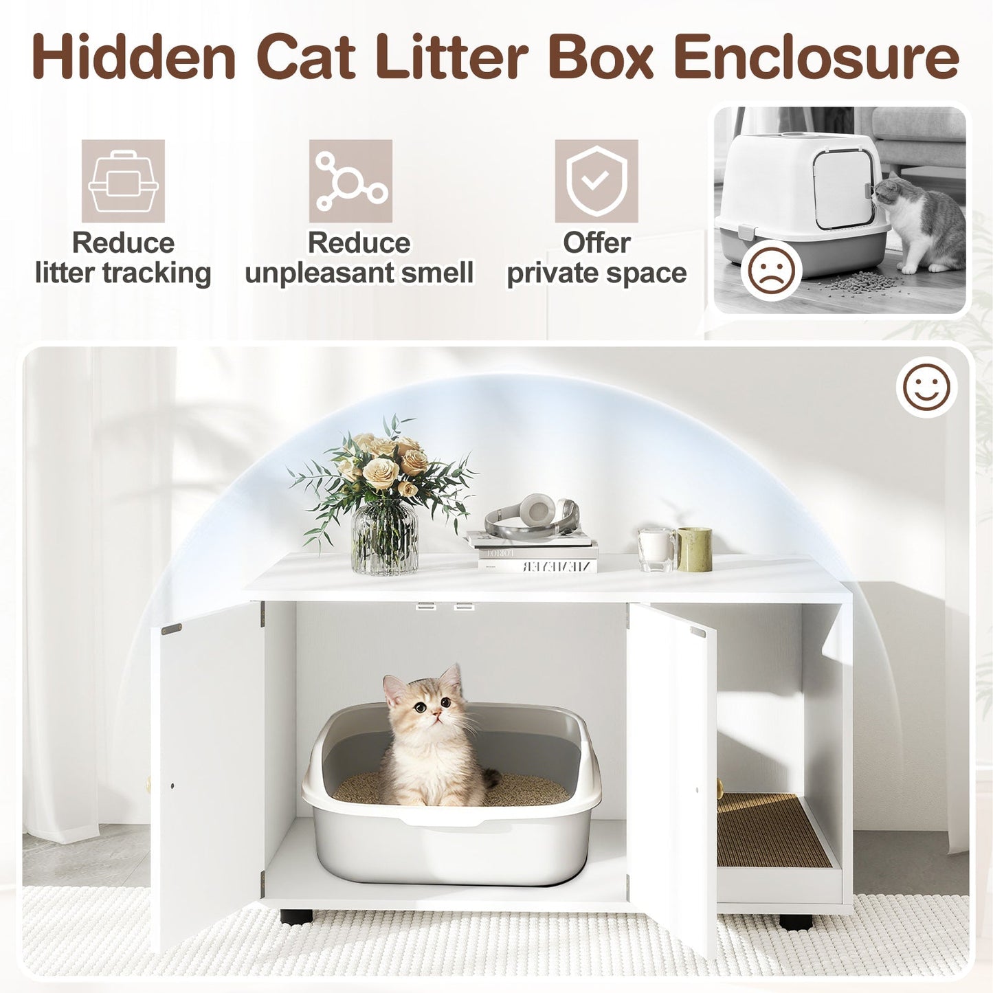 Wooden Cat Litter Box Enclosure Hidden Litter Box Furniture with Scratching Board | Purrfect Pet Kingdom