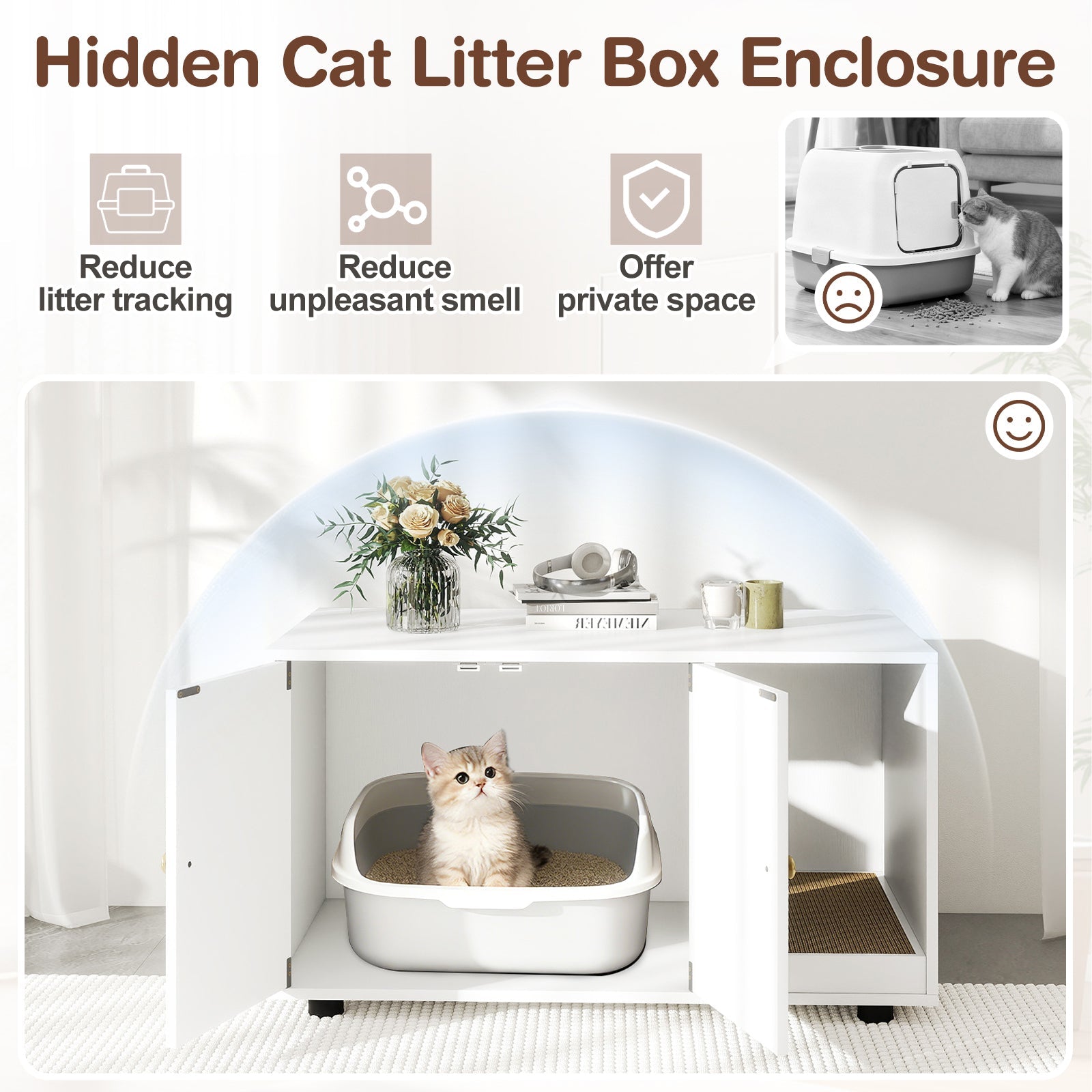 Wooden Cat Litter Box Enclosure Hidden Litter Box Furniture with Scratching Board | Purrfect Pet Kingdom