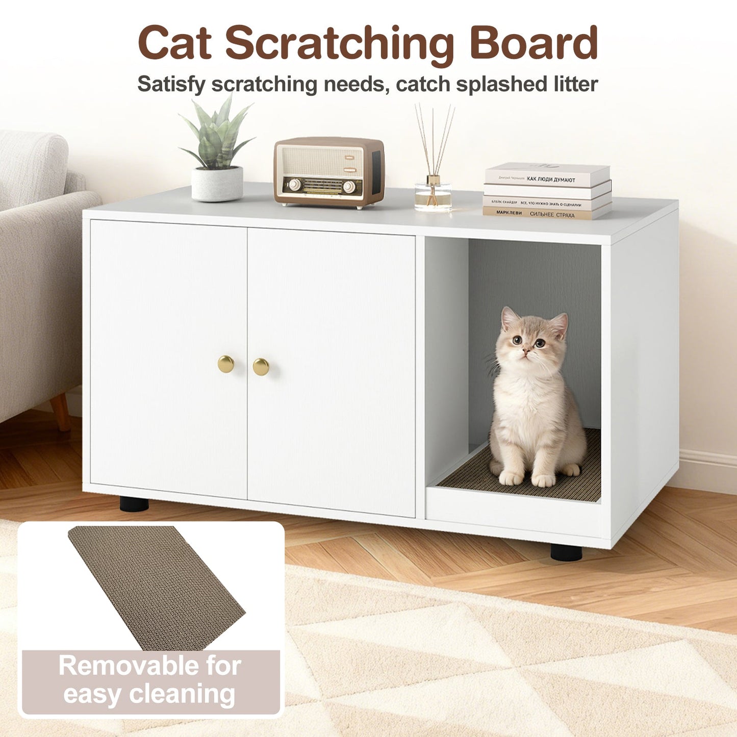 Wooden Cat Litter Box Enclosure Hidden Litter Box Furniture with Scratching Board | Purrfect Pet Kingdom