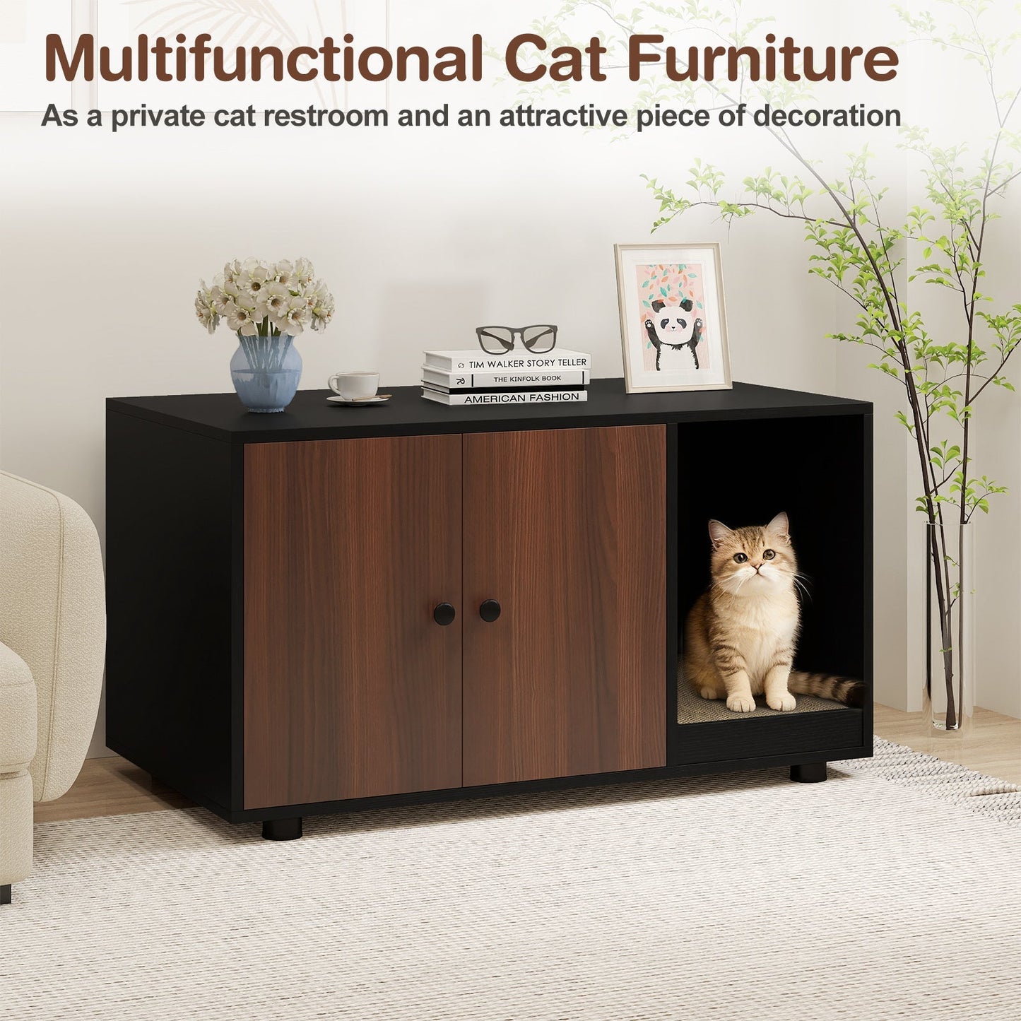 Wooden Cat Litter Box Enclosure Hidden Litter Box Furniture with Scratching Board | Purrfect Pet Kingdom