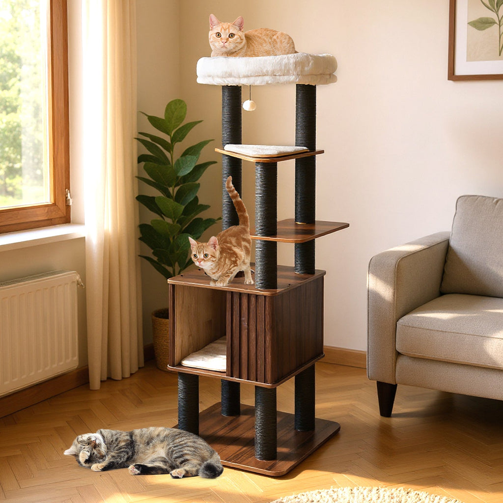 Wooden Cat Tower Top Perch with Soft Padding-Brown - Majestic Pet Kingdom