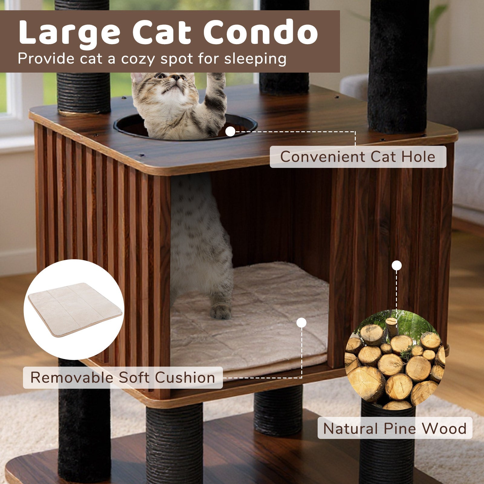 Wooden Cat Tower Top Perch with Soft Padding-Brown - Majestic Pet Kingdom