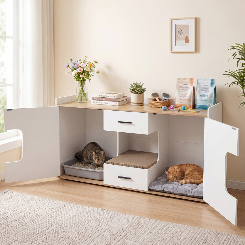 Cat House Cabinet with Litter Box Storage and Drawers