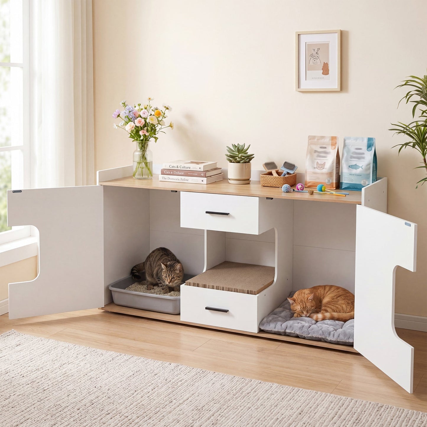 Cat House Cabinet with Litter Box Storage and Drawers | Purrfect Pet Kingdom