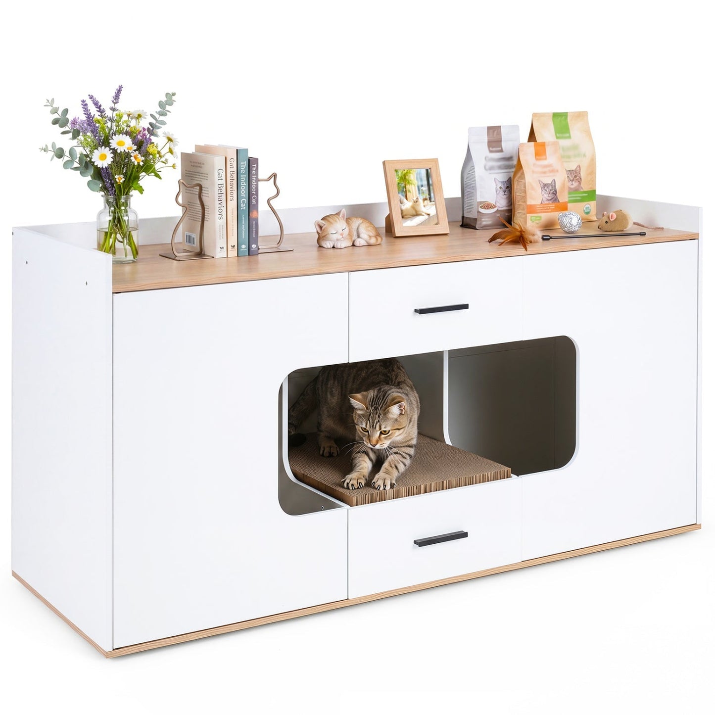 Cat House Cabinet with Litter Box Storage and Drawers | Purrfect Pet Kingdom