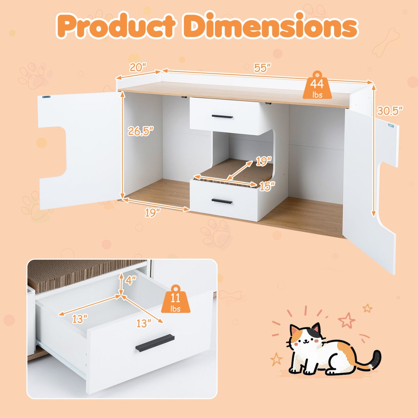 Cat House Cabinet with Litter Box Storage and Drawers | Purrfect Pet Kingdom