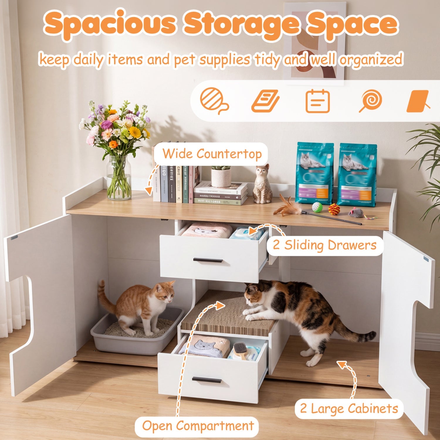 Cat House Cabinet with Litter Box Storage and Drawers | Purrfect Pet Kingdom