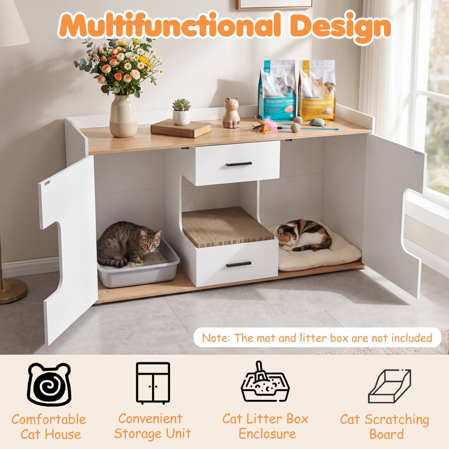 Cat House Cabinet with Litter Box Storage and Drawers