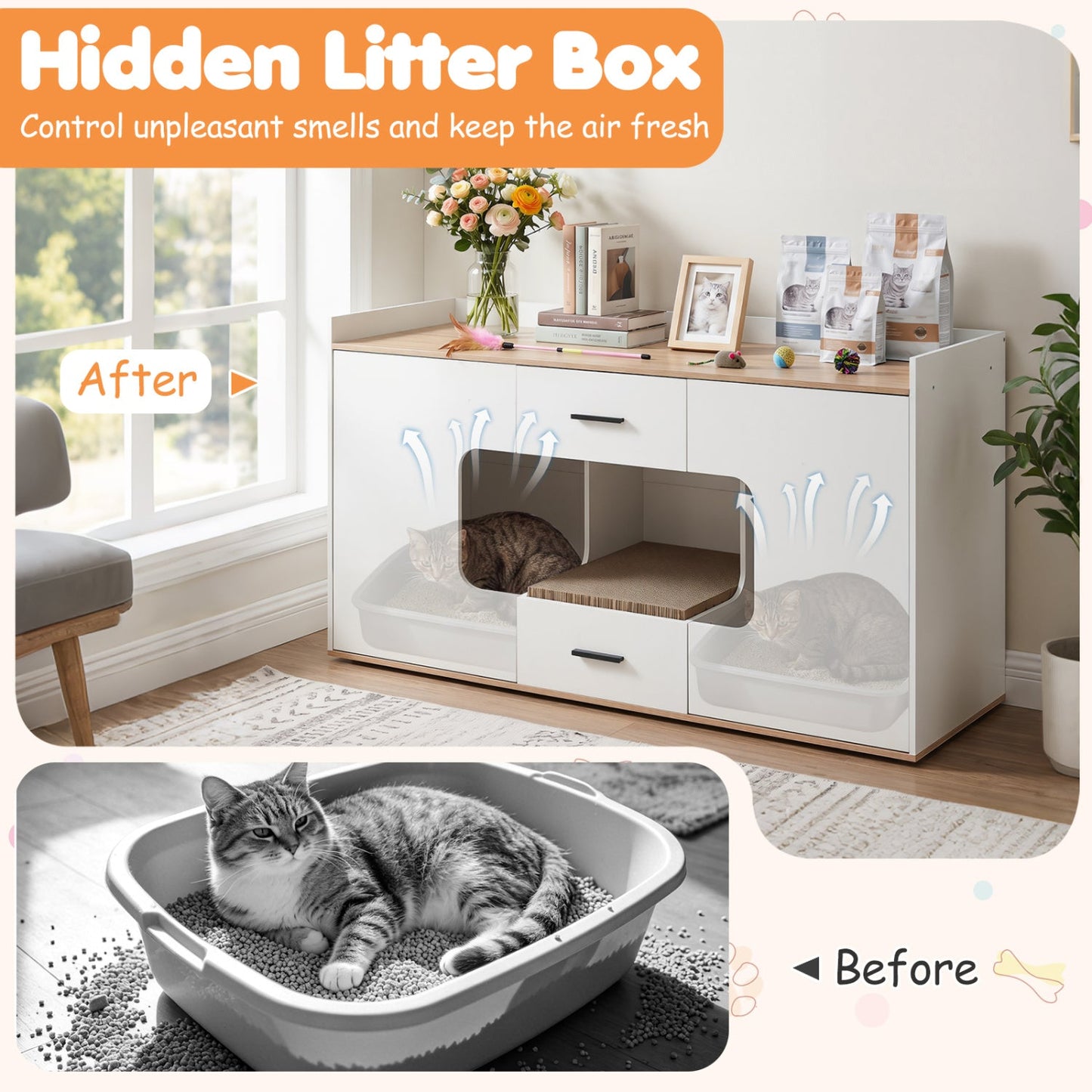 Cat House Cabinet with Litter Box Storage and Drawers | Purrfect Pet Kingdom