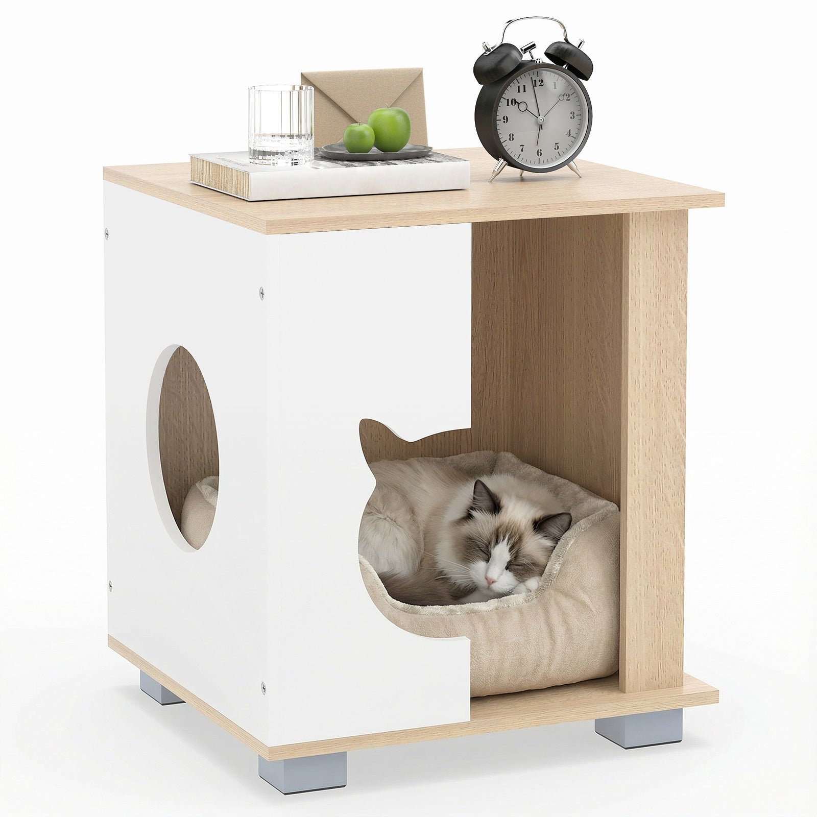Wooden Semi-enclosed Cat Condo with Kitty Head-shaped Entry and Metal Legs-Natural